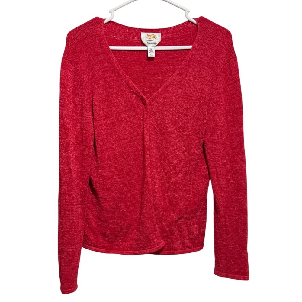 Talbots Cardigan Sweater Womens Medium Red Made in‎ Italy Single Button V-Neck